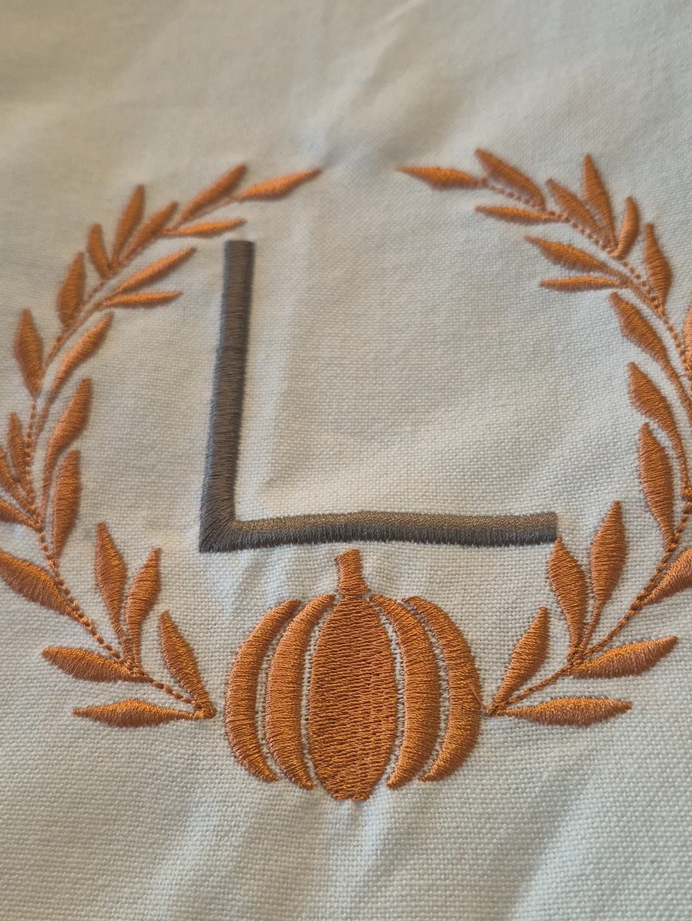 Linen Fall Kitchen Guest Room Tea Towel Initial L Pumpkin Orange Vine Embroidery